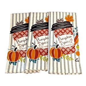 Pumpkin and Spice Coffee Cup Kitchen Towels Flour Sack 3-Pc Striped Cotton NEW